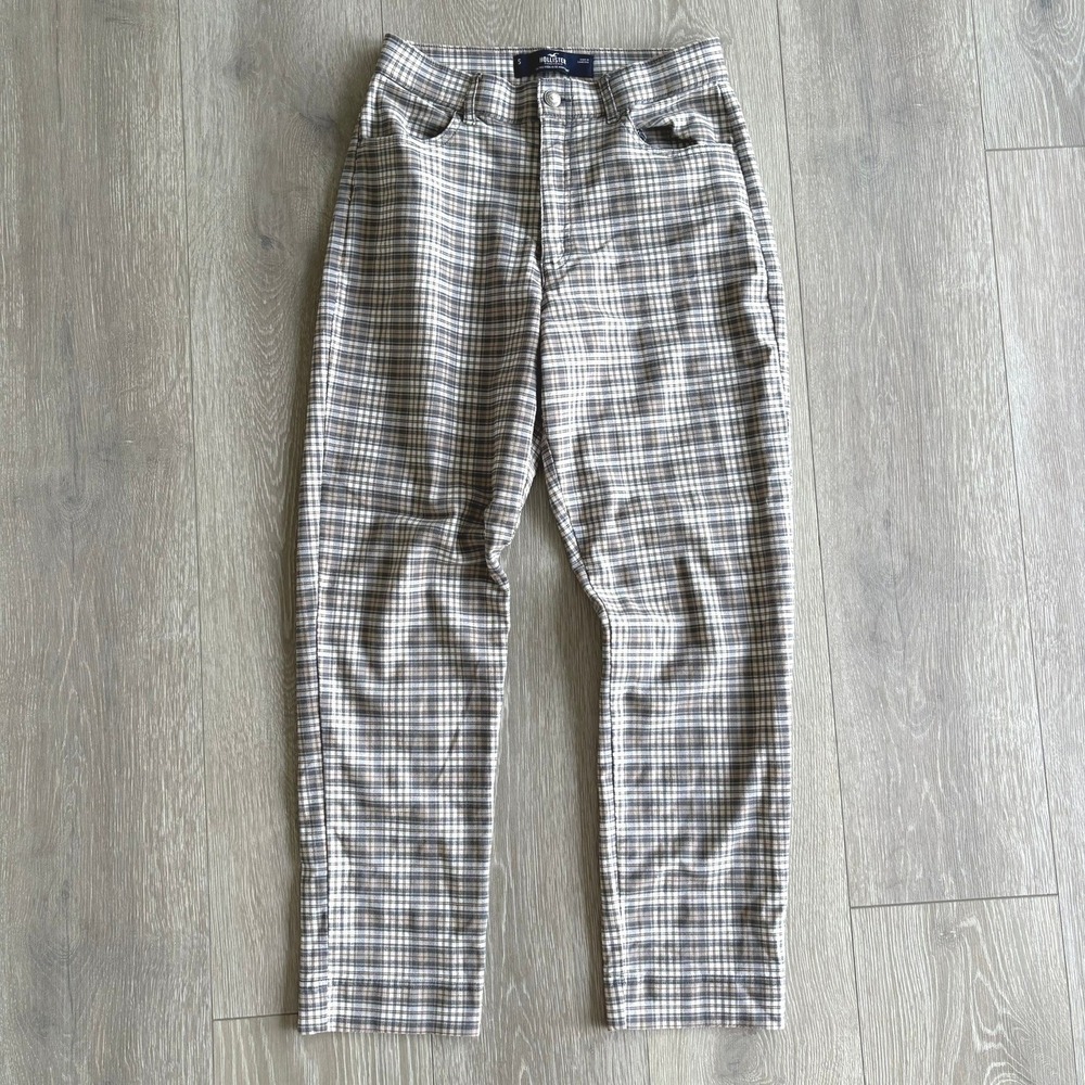 Hollister Ultra High-Rise Mom Pant Size S Plaid Grey Tan White Tapered Trousers